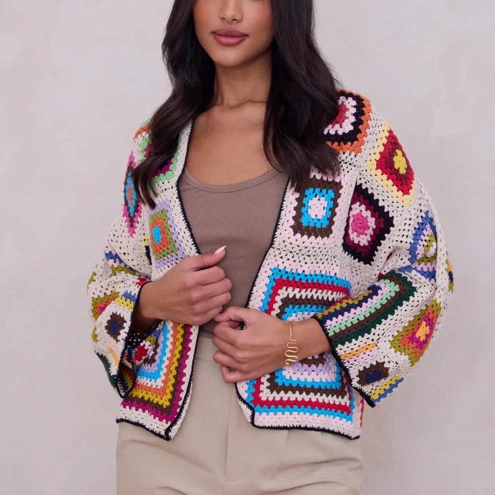 Saachi Granny Square Crochet Kimono Sleeve Cardigan